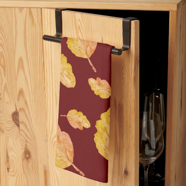 Orange red cosy Autumn Fall Leaves Tea Towel (Thirds Fold)