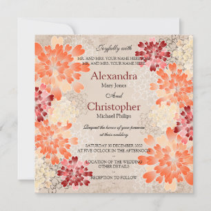 Orange Red & Cream Flowers Retro Wedding Invitation