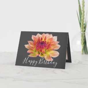 Orange Red Dahlia Flower Grey Background Birthday Card