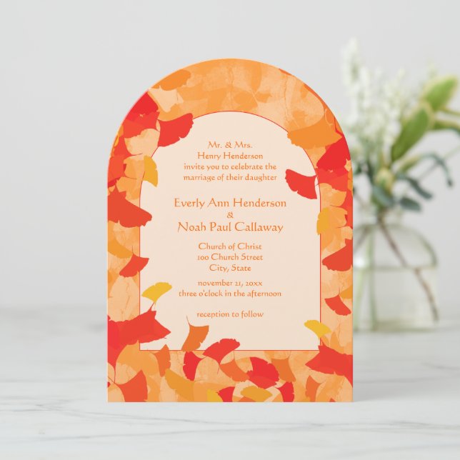 Orange Red Fall Leaves Wedding Invitation (Standing Front)