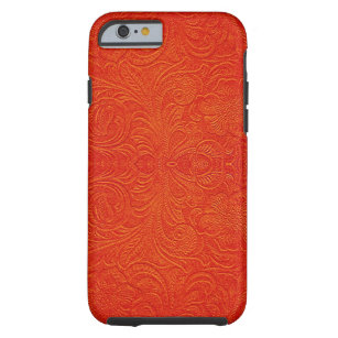 Orange Red Faux Leather-Embossed Floral Design Tough iPhone 6 Case