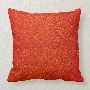 Orange Red Faux Leather Pattern-Embossed Floral Cushion