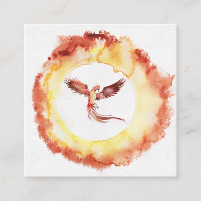 *~* Orange Red Flame Phoenix Ring of Fire White Square Business Card (Front)