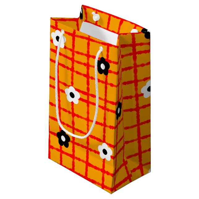 Orange Red Floral Check Pattern Unique Flower Small Gift Bag (Front Angled)