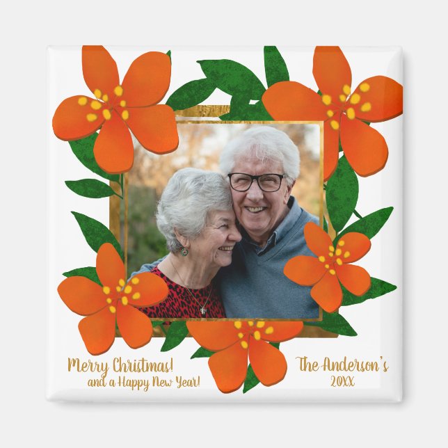 Orange Red Floral Gold Frame Photo Christmas  Magnet (Front)