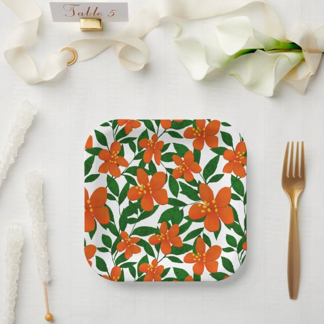 Orange Red Floral Green Botanicals Pattern Paper Plate (Wedding)