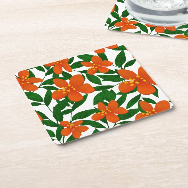 Orange Red Floral Green Botanicals Pattern Square Paper Coaster (Angled)