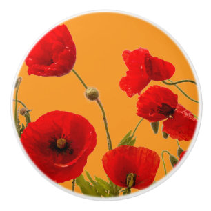 Orange Red Floral Poppy Flowers Colourful Abstract Ceramic Knob