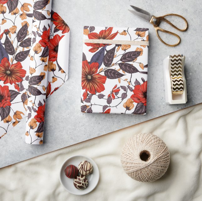Orange-red flowers seamless pattern wrapping paper (Crafts)