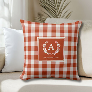 Orange-Red Gingham Monogram Crest Cushion