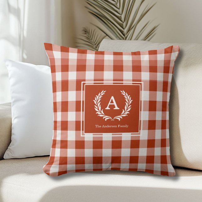 Orange-Red Gingham Monogram Crest Cushion (Orange-Red Gingham Monogram Crest Throw Pillow)