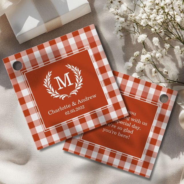 Orange-Red Gingham Monogram Crest Custom Favour Tags (Red-Orange Gingham Monogram Crest Custom Favor Tags with your Monogram, Name and Text.)