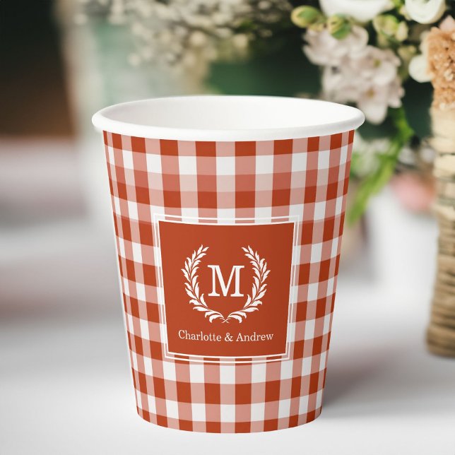 Orange-Red Gingham Monogram Crest Custom Paper Cups (Red-Orange Gingham Monogram Crest Custom Paper Cups with your Monogram & Name or Text.)