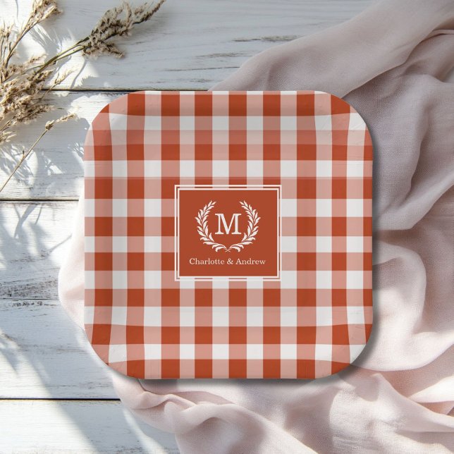 Orange-Red Gingham Monogram Crest Custom Paper Plate (Orange-Red Gingham Monogram Crest Custom Paper Plates with your Monogram and Names.)