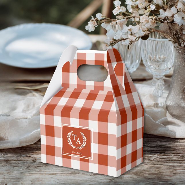 Orange-Red Gingham Monogram Crest Favour Box (Custom Orange-Red Gingham Monogram Crest Favor Boxes for your wedding or other Occasions.)