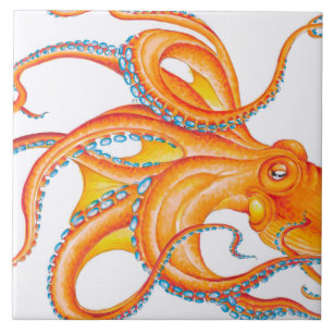 Orange Red Kraken Octopus Ink Art Dance Ceramic Tile