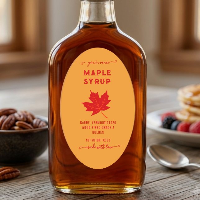 Orange & Red Maple Leaf Maple Syrup Oval Label (Creator Uploaded)