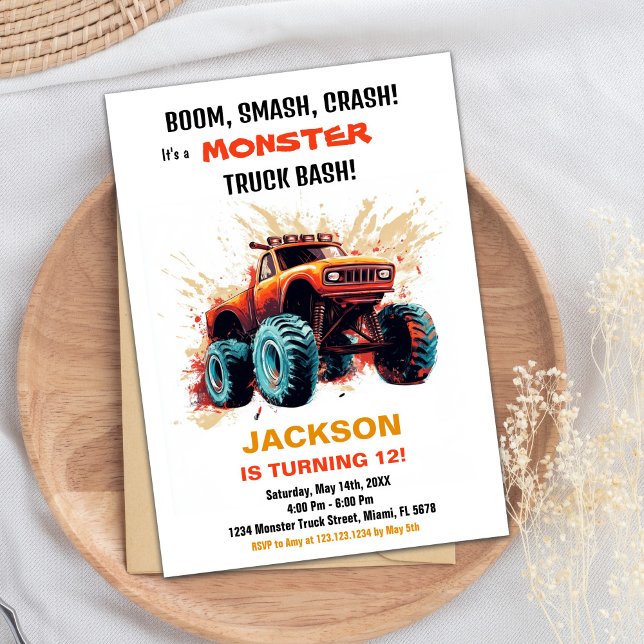 Orange Red Monster Truck Birthday Invitations (Orange Red Monster Truck Birthday Invitations)
