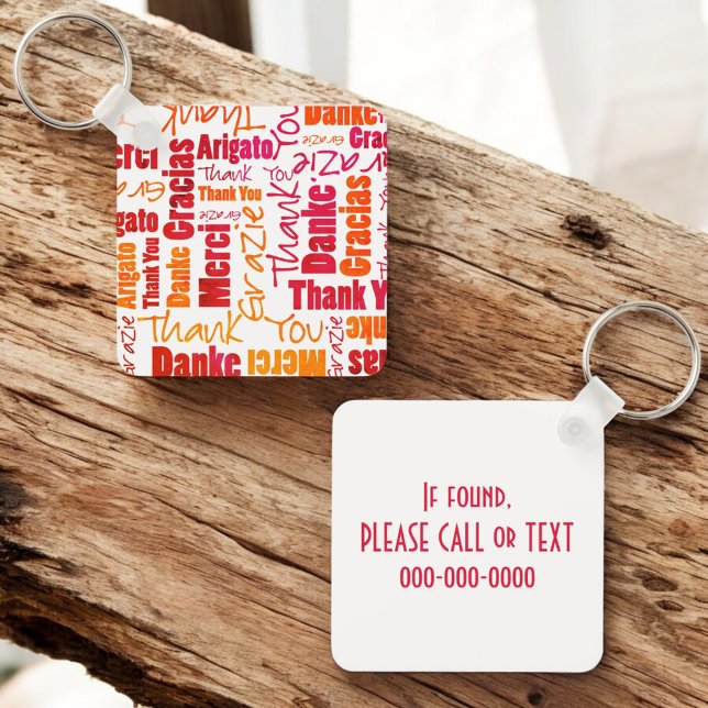 Orange Red Multilingual "Thank You" Typography Key Key Ring (front and back key ring with back template text)