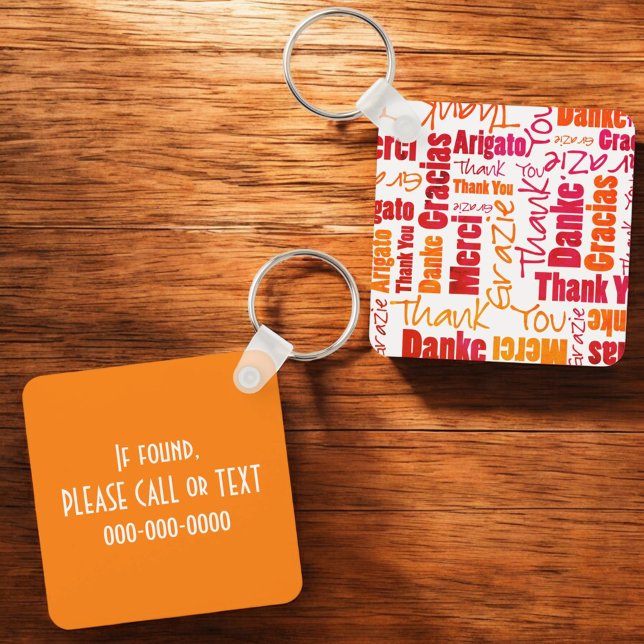 Orange Red Multilingual "Thank You" Typography Key Ring (gratitude word cloud key ring front and back with template text)