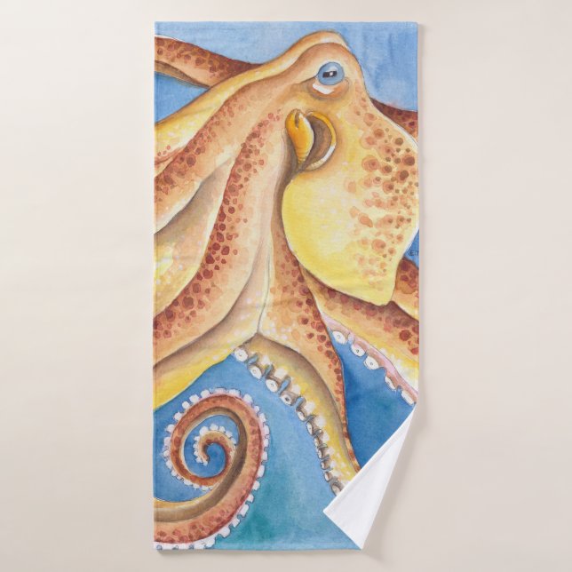 Orange Red Octopus Watercolor Ink Bath Towel Set (Bath Towel)