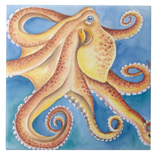 Orange Red Octopus Watercolor Ink Ceramic Tile (Front)