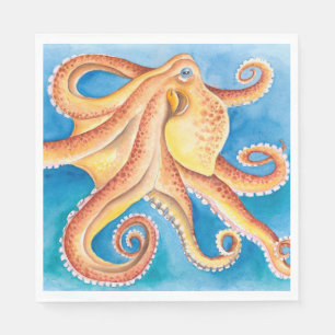 Orange Red Octopus Watercolor Ink Napkin