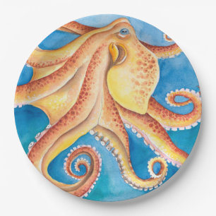 Orange Red Octopus Watercolor Ink Paper Plate