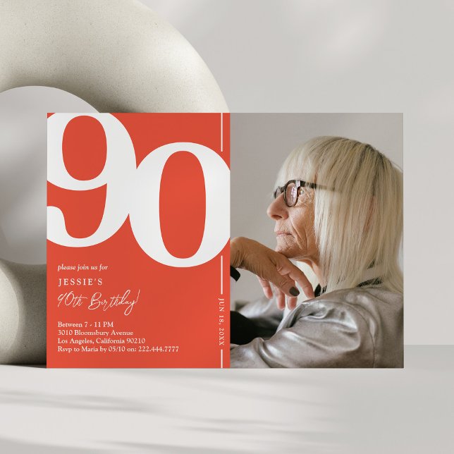 Orange Red Photo 90th Birthday Party Invitation (Creator Uploaded)