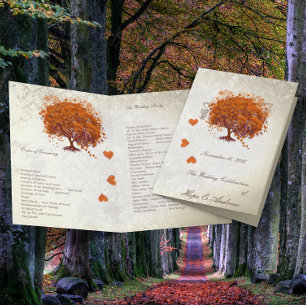 Orange Red Plum Heart Leaf Tree Wedding Program