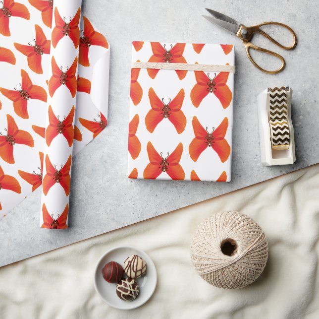 Orange Red Poppy Butterfles with Your Name Wrapping Paper (Crafts)