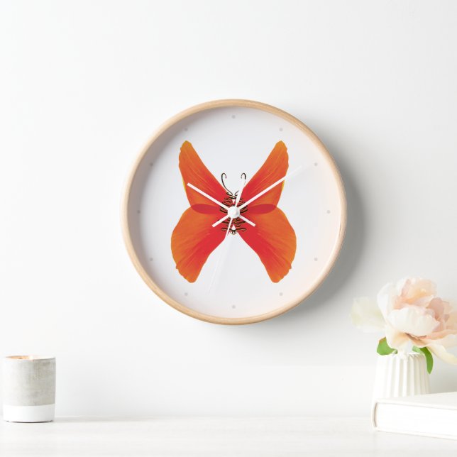 Orange Red Poppy Butterfly with Your Name Clock (Home)