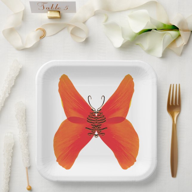 Orange Red Poppy Butterfly with Your Name Paper Plate (Wedding)