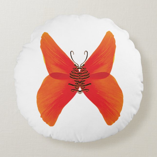 Orange Red Poppy Butterfly with Your Name Round Cushion (Front)
