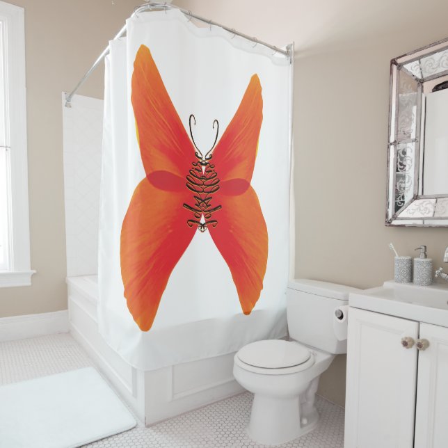 Orange Red Poppy Butterfly with Your Name Shower Curtain (In Situ)