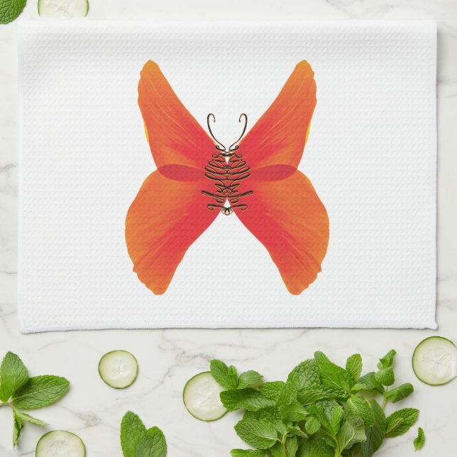 Orange Red Poppy Butterfly with Your Name Tea Towel (Folded)
