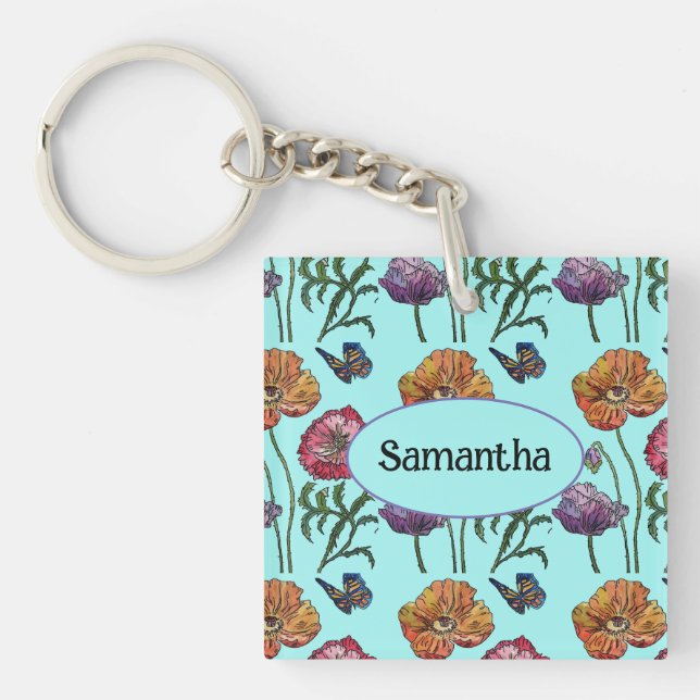 Orange Red Poppy Floral Aqua Customizable Name Key Ring (Front)