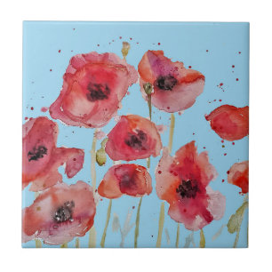 Orange Red Poppy Flower Pattern on Blue Ceramic Tile