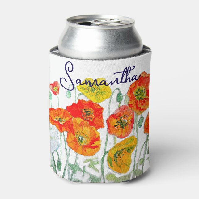 Orange Red Poppy Flower Pattern Thank You Can Cooler (Can Front)
