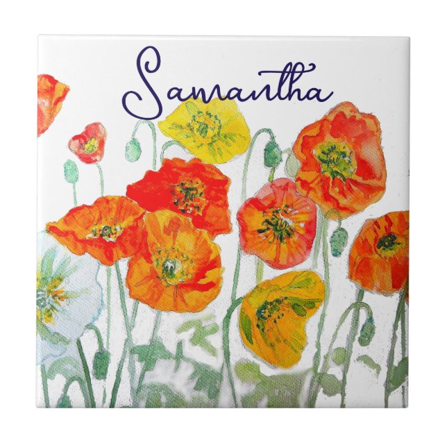 Orange Red Poppy Flower Pattern Thank You Ceramic Tile (Front)