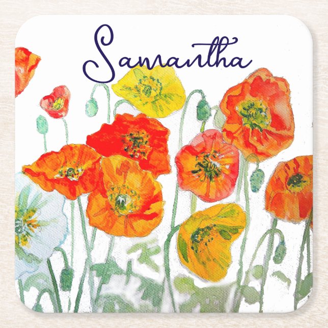 Orange Red Poppy Flower Pattern Thank You Square Paper Coaster (Front)