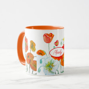 Orange Red Poppy Flower Pattern Watercolor Mug