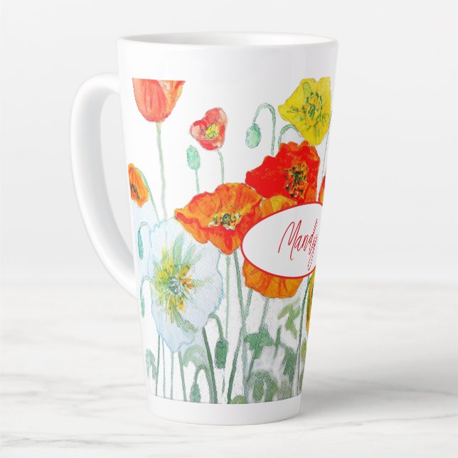 Orange Red Poppy Flower Pattern Watercolor Mug (Left Angle)