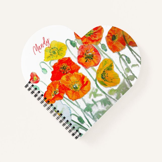 Orange Red Poppy Flower Pattern Watercolor Notebook (Front)