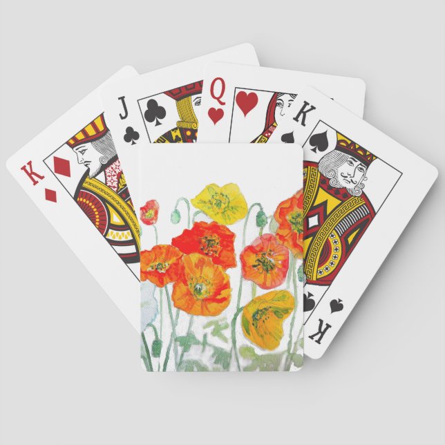 Orange Red Poppy Flower Pattern Watercolor Playing Cards (Back)
