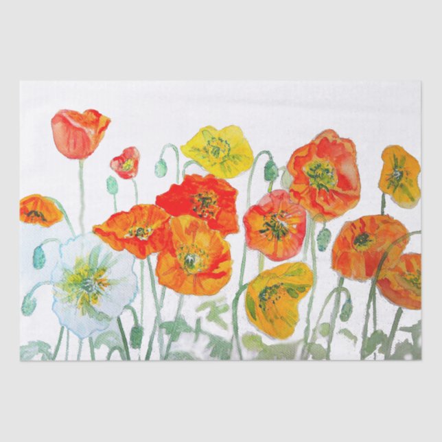 Orange Red Poppy Flower Pattern Watercolor Tissue Paper (Front)