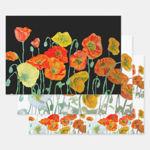 Orange Red Poppy Flower Pattern Watercolor Wrapping Paper Sheet