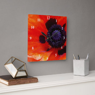 Orange Red Poppy Flower Square Wall Clock