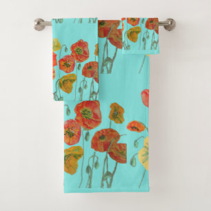 Orange Red Poppy poppies Aqua Floral flowers art Bath Towel Set