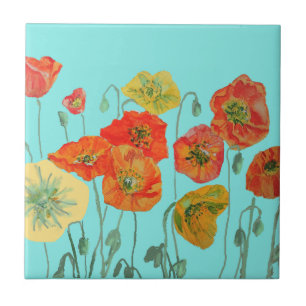 Orange Red Poppy Poppies Watercolor Flower Pattern Ceramic Tile